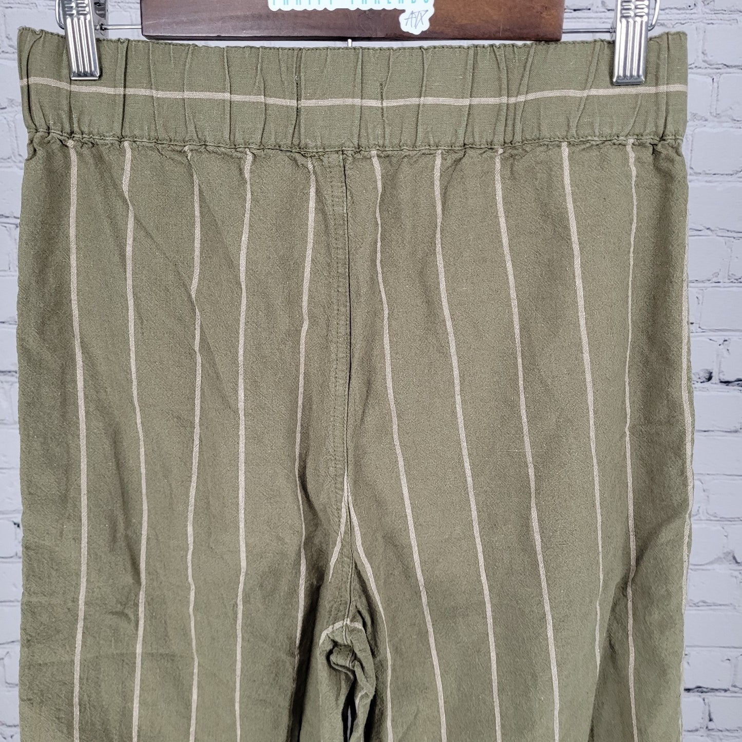 Madewell Green Stripe Linen Cotton Boho Wide Leg Crop Pants Size Small S (28x23)