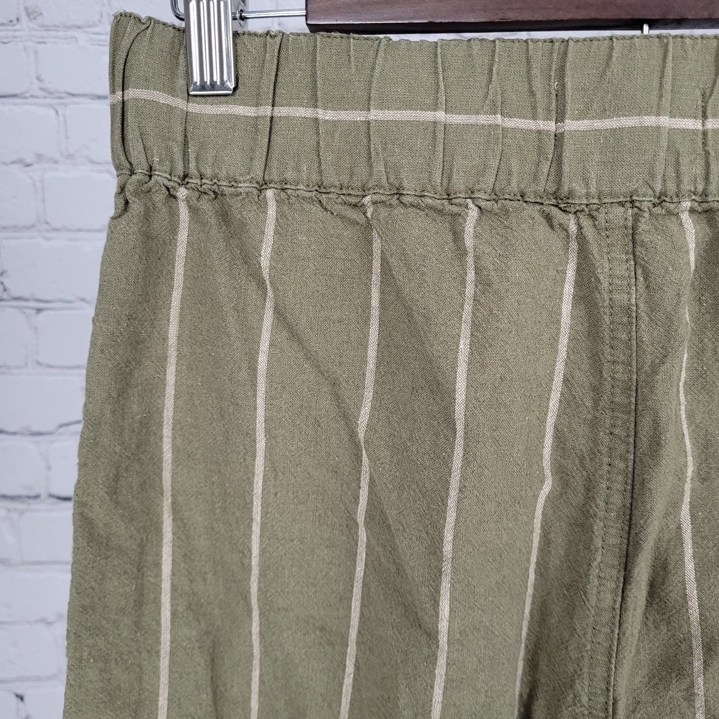 Madewell Green Stripe Linen Cotton Boho Wide Leg Crop Pants Size Small S (28x23)