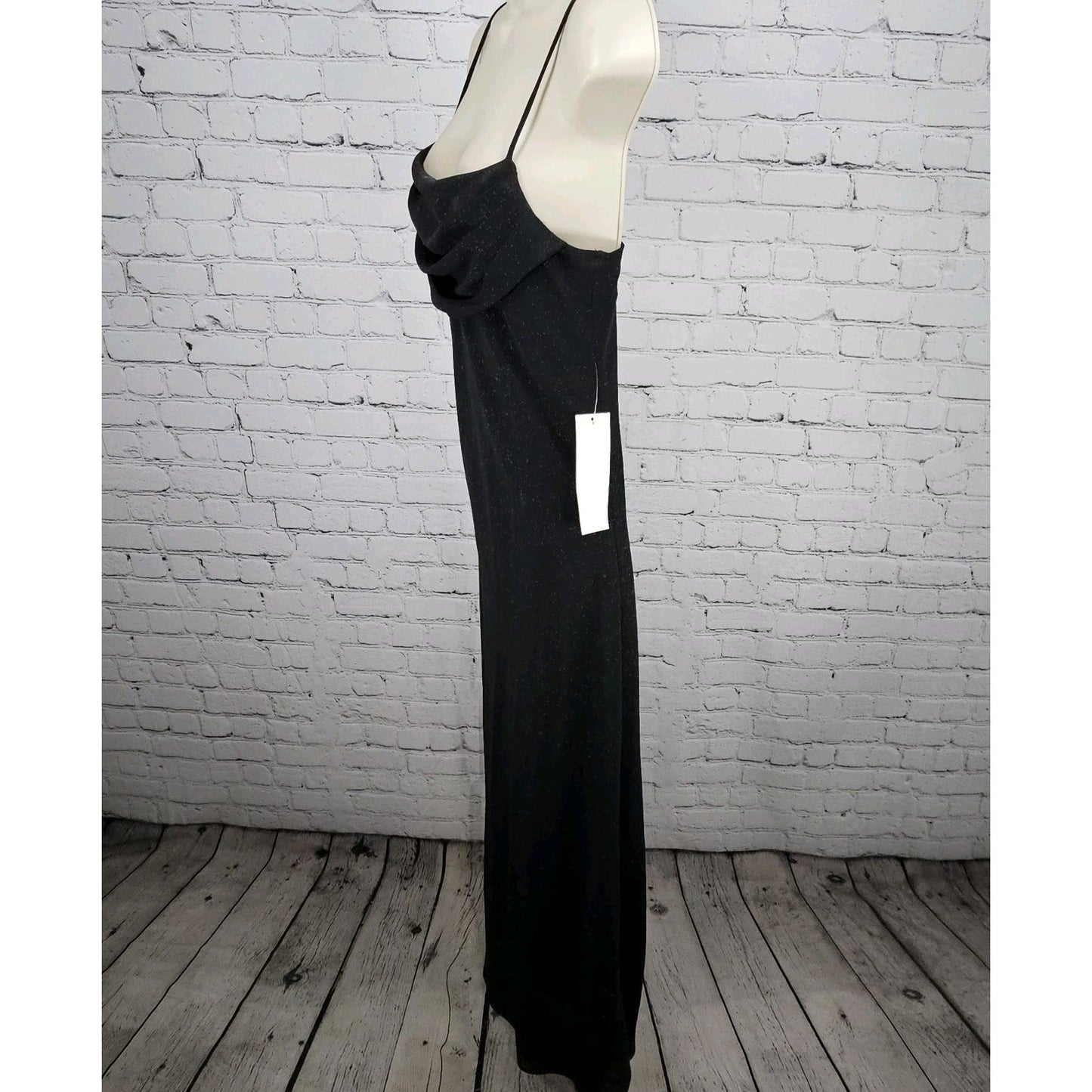 NWD Karina Nites Black Glitter Sheer Overlay Strappy Ruched Long Formal Dress 6