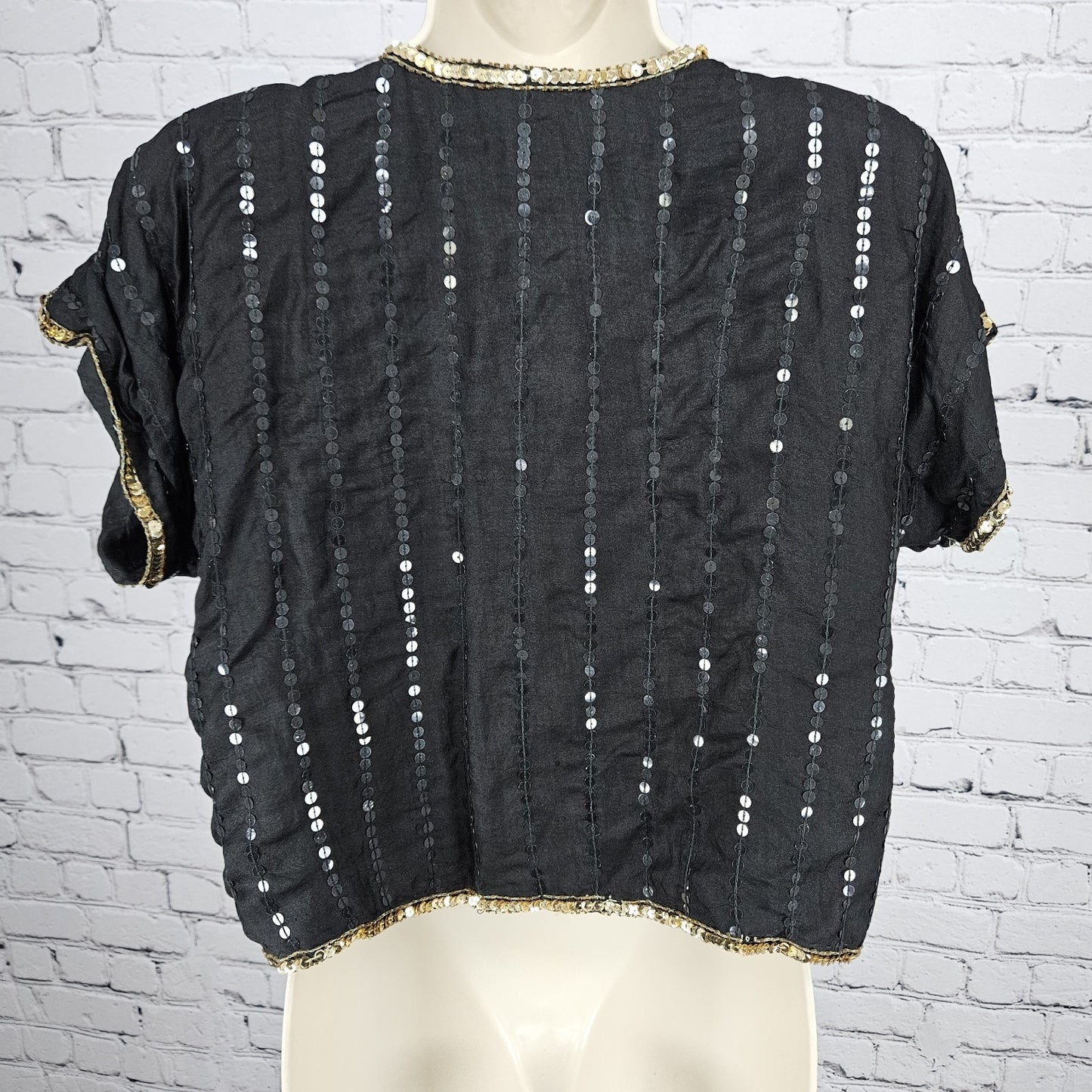VTG Tina Black 100% Silk Sequin Gold Trim Short Sleeve Hook & Eye Jacket Medium