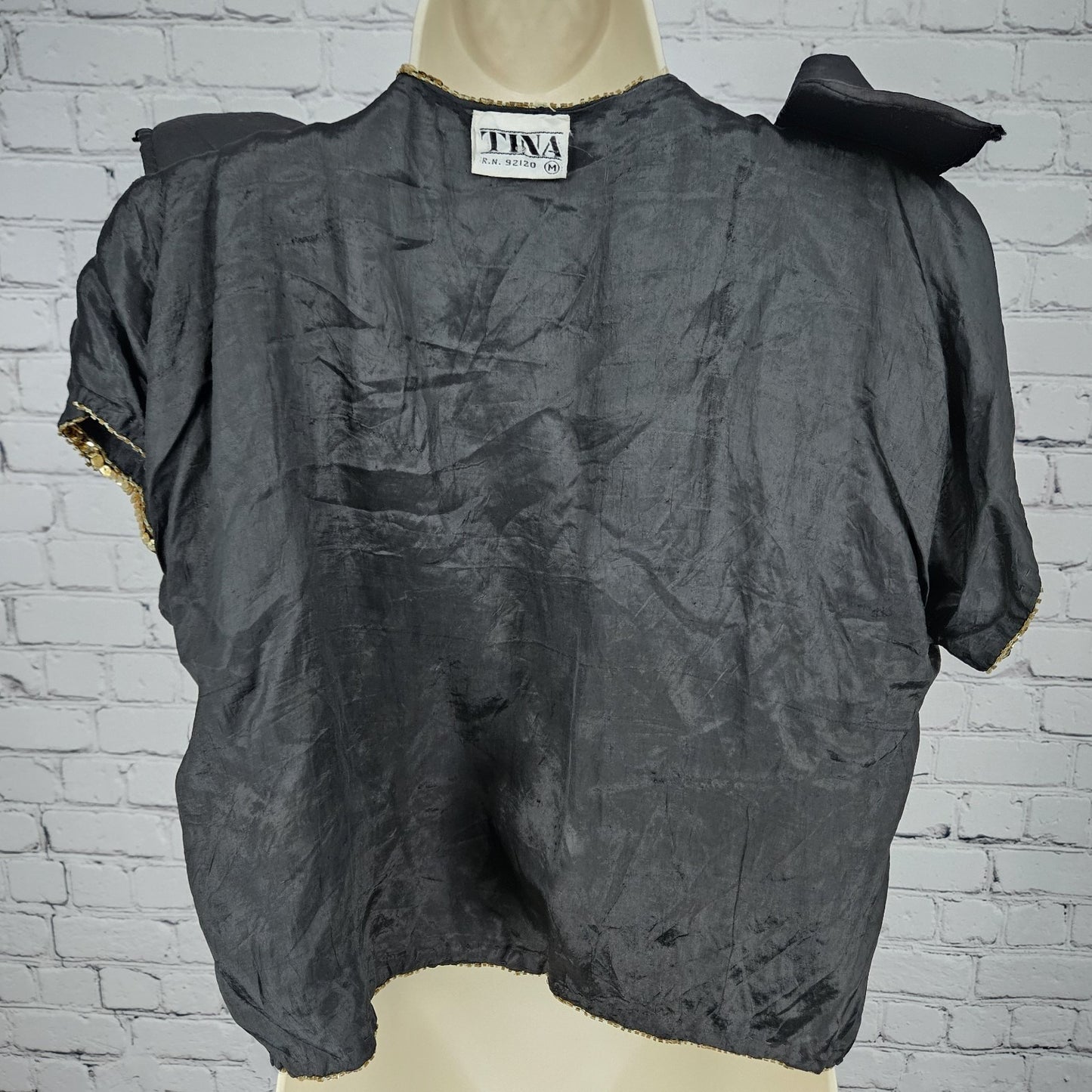 VTG Tina Black 100% Silk Sequin Gold Trim Short Sleeve Hook & Eye Jacket Medium