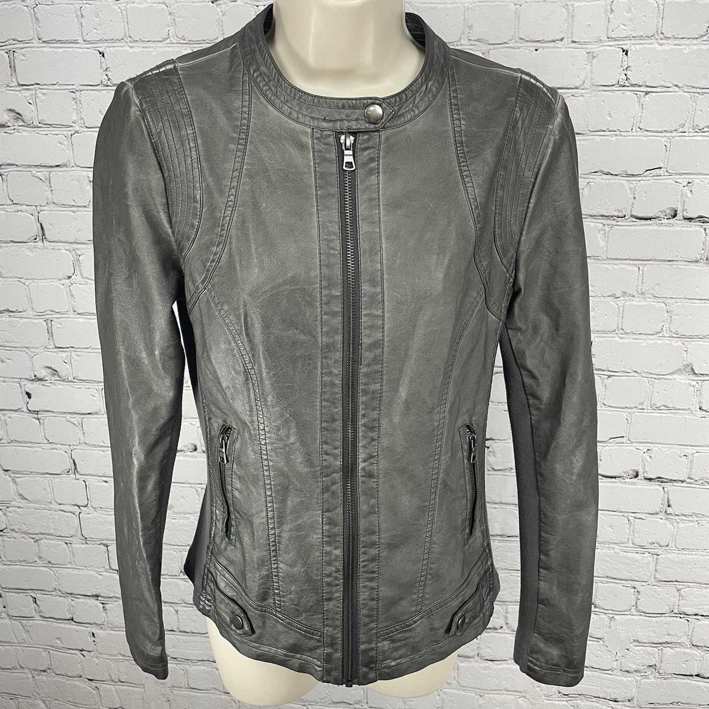 Sebby Collection Grey Faux Leather Moto Knit Sides Stretch Jacket Size Small S