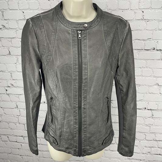 Sebby Collection Grey Faux Leather Moto Knit Sides Stretch Jacket Size Small S