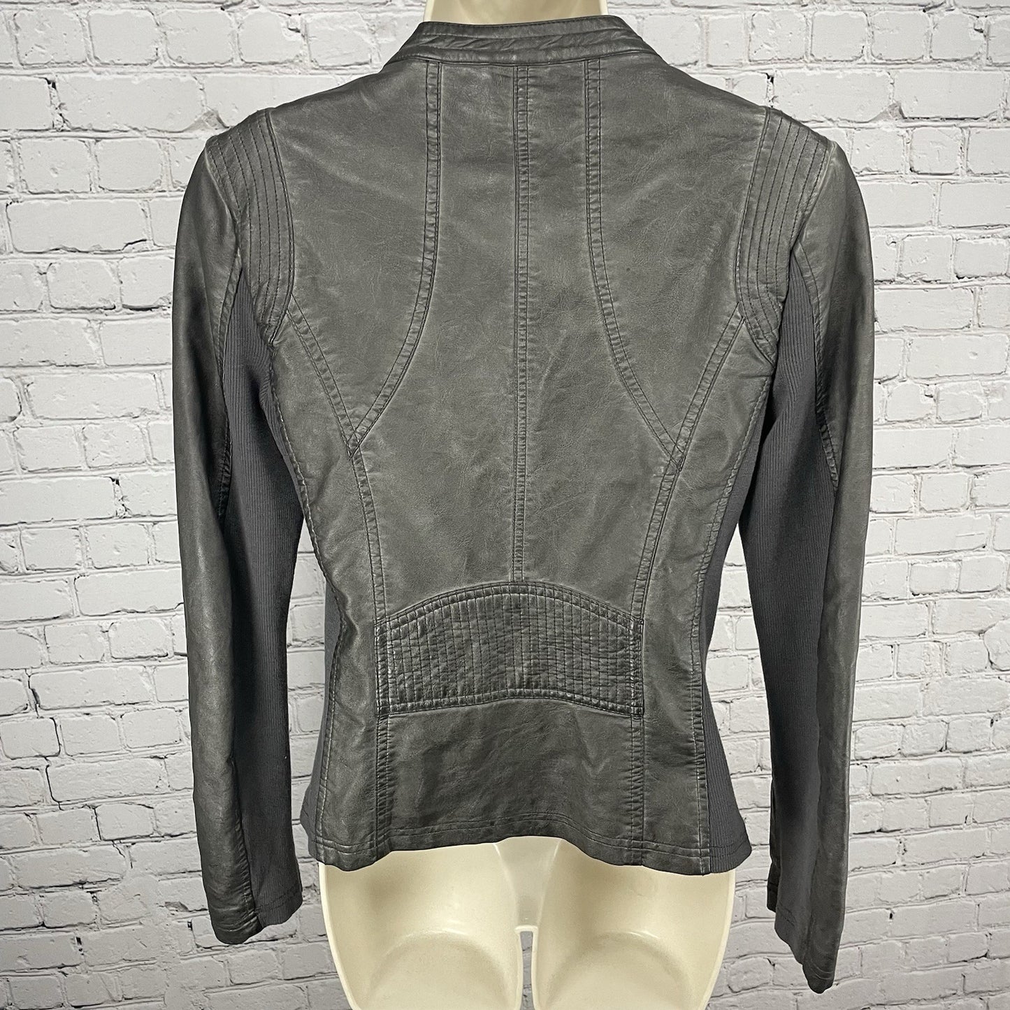Sebby Collection Grey Faux Leather Moto Knit Sides Stretch Jacket Size Small S