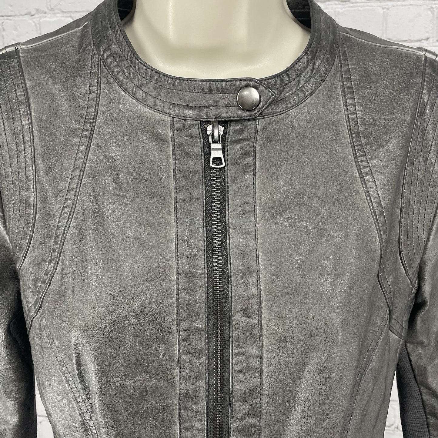 Sebby Collection Grey Faux Leather Moto Knit Sides Stretch Jacket Size Small S