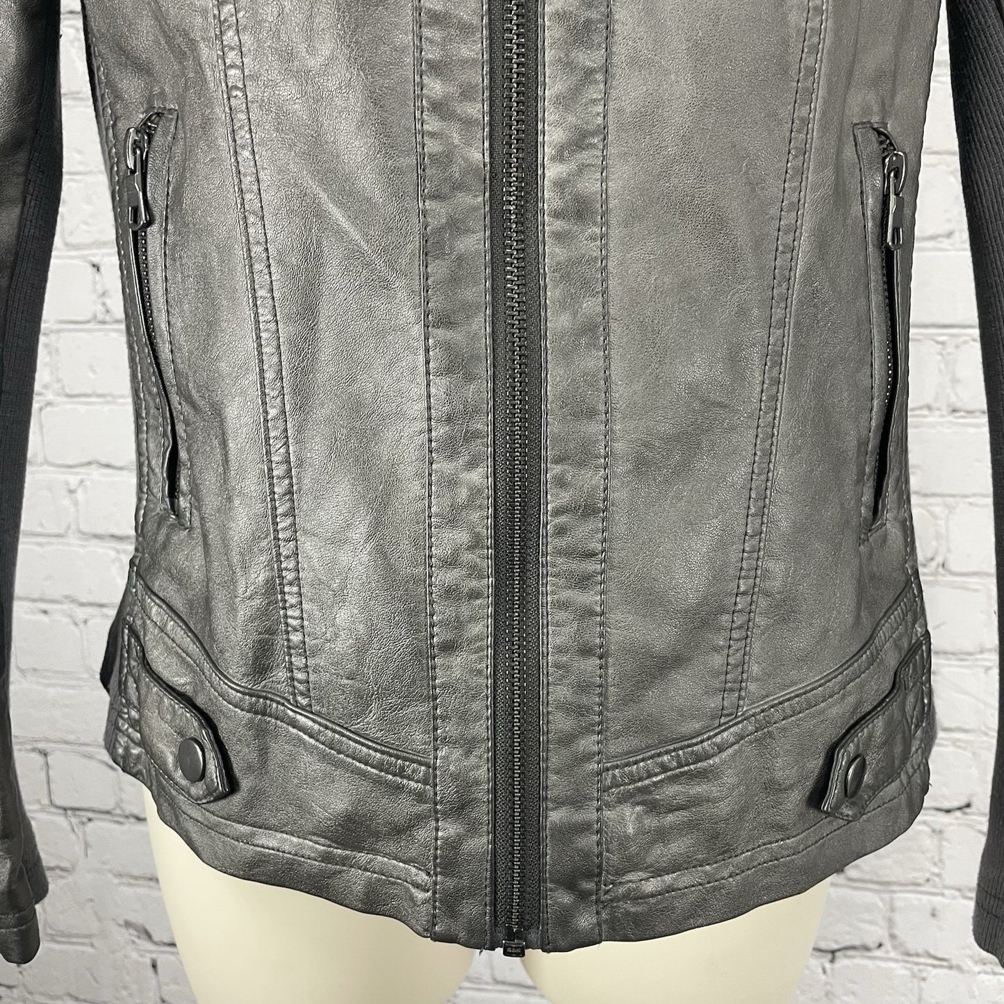 Sebby Collection Grey Faux Leather Moto Knit Sides Stretch Jacket Size Small S
