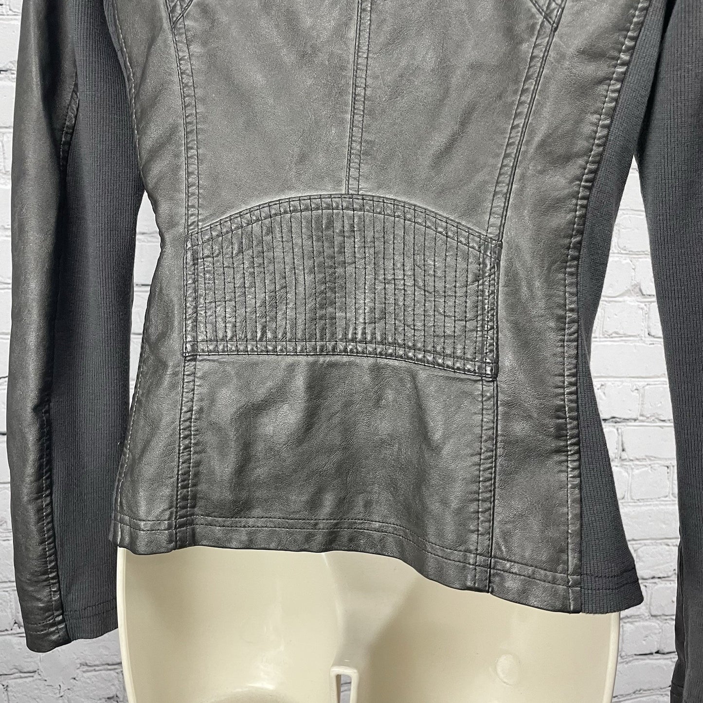 Sebby Collection Grey Faux Leather Moto Knit Sides Stretch Jacket Size Small S