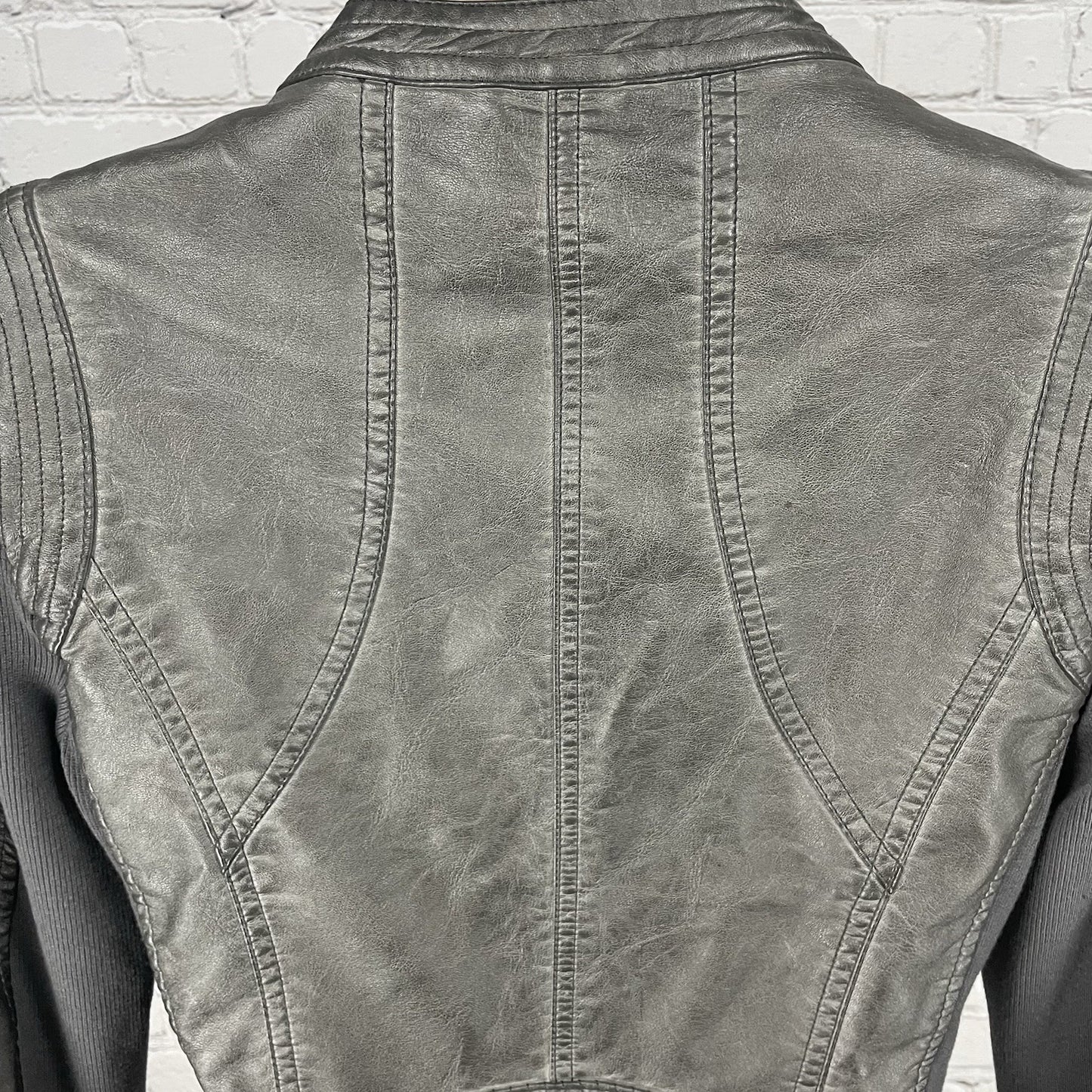 Sebby Collection Grey Faux Leather Moto Knit Sides Stretch Jacket Size Small S