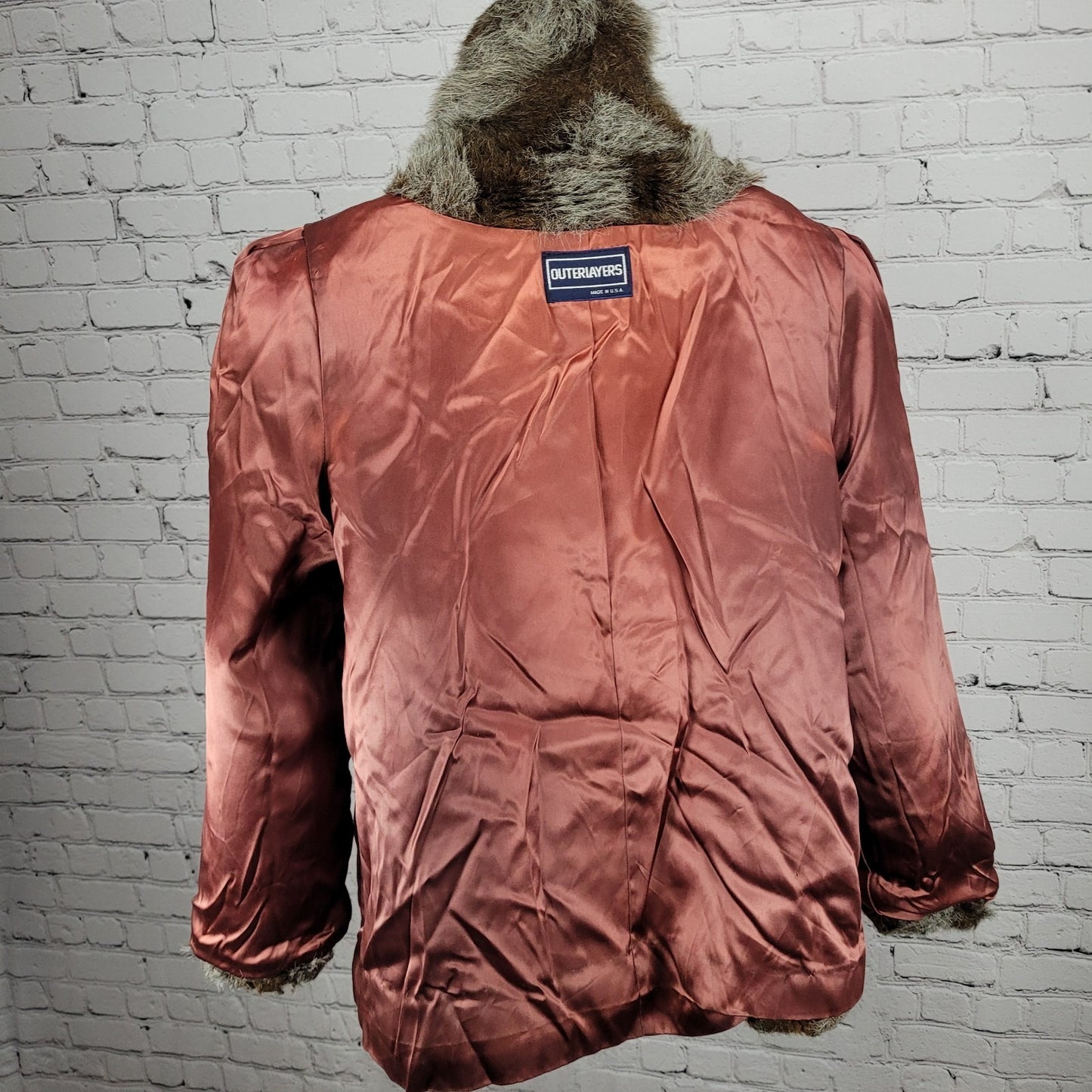 VTG Outerlayers Brown Faux Fur Shawl Collar Pockets Lined Coat USA Large L