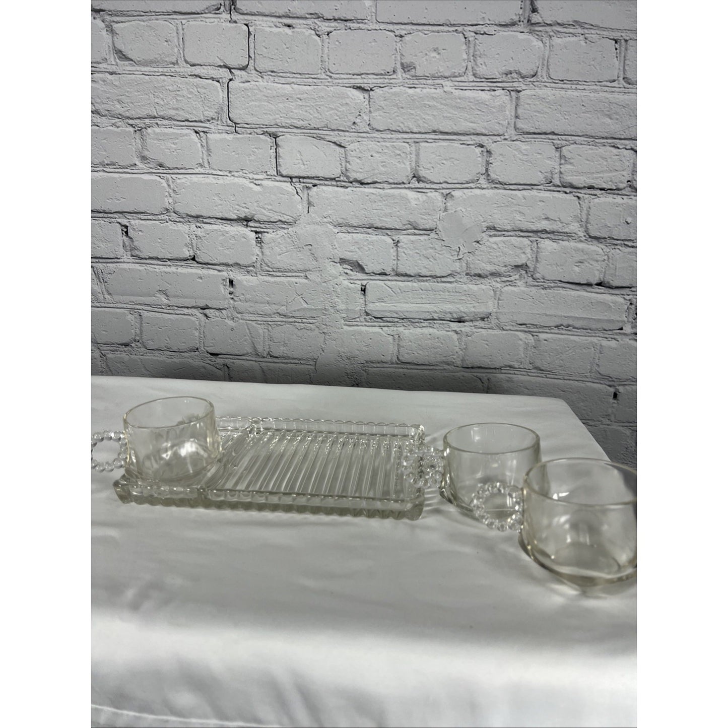 VTG Hazel-Atlas Orchard Crystal Party Set Snack Sip Smoke Cup Tray Set Of 4