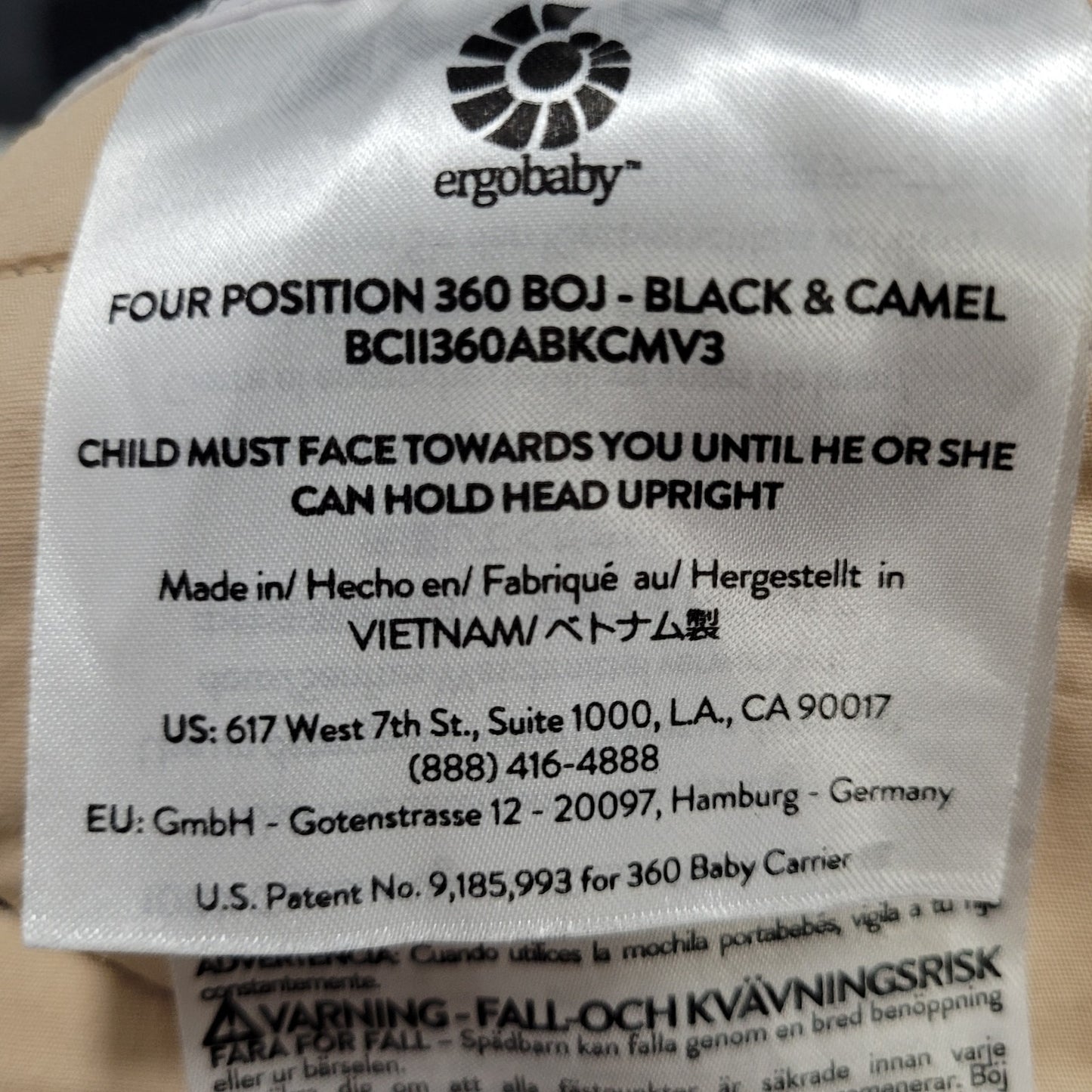 Ergobaby Black Camel Four Position 360 Boj 100% Cotton Infant Baby Carrier