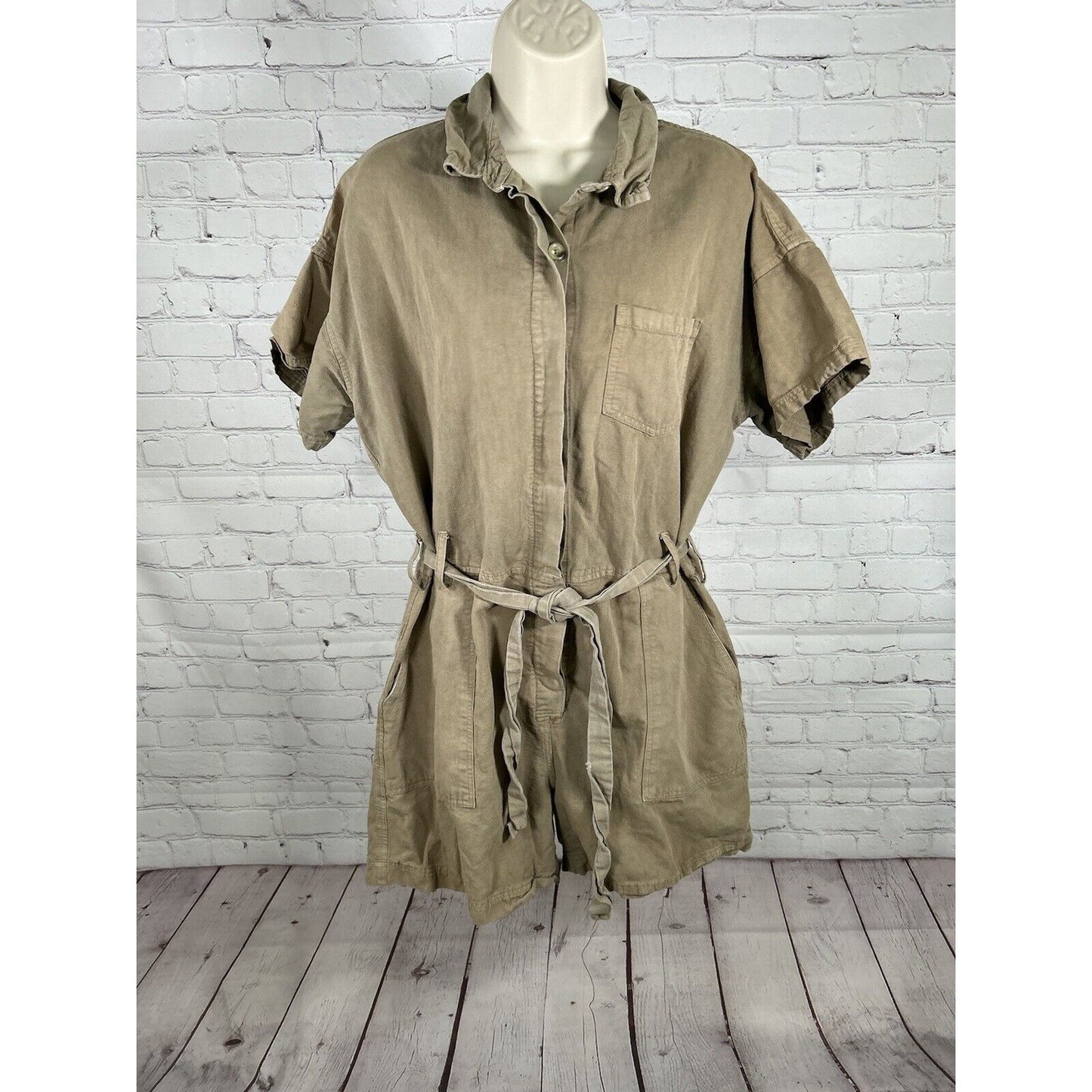 Esby Brown Tori Jumper Utility Belted Romper Cotton Linen Blend Women’s M