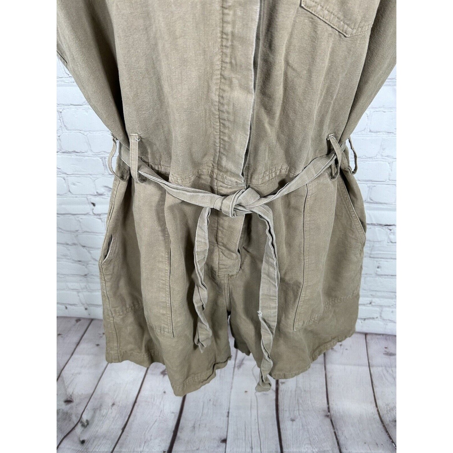 Esby Brown Tori Jumper Utility Belted Romper Cotton Linen Blend Women’s M
