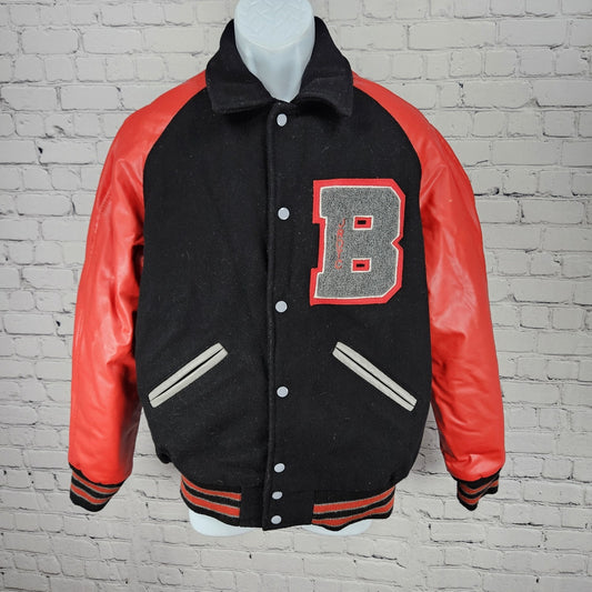 CenTex Black Red Wool Blend Retro Varsity Letterman School Snap Jacket Medium M