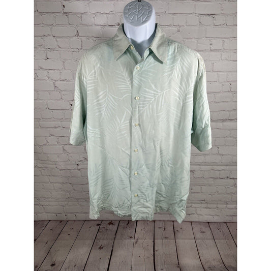 Claiborne Light Blue Tropical Leaf Print Short Sleeve Silk Hawaiian Shirt XL