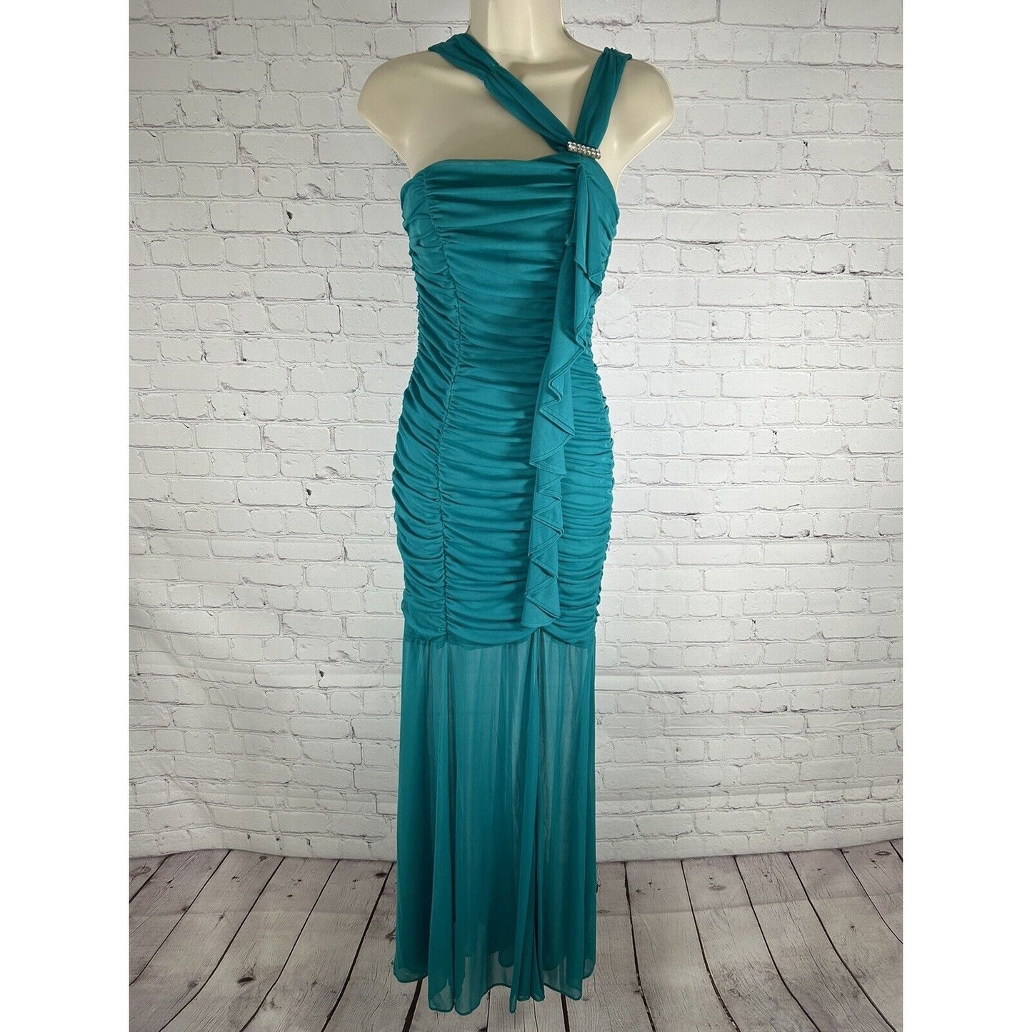 Fiesta Teal Sleeveless Ruched Bodycon Mermaid Dress Ruffles Rhinestone Women’s S