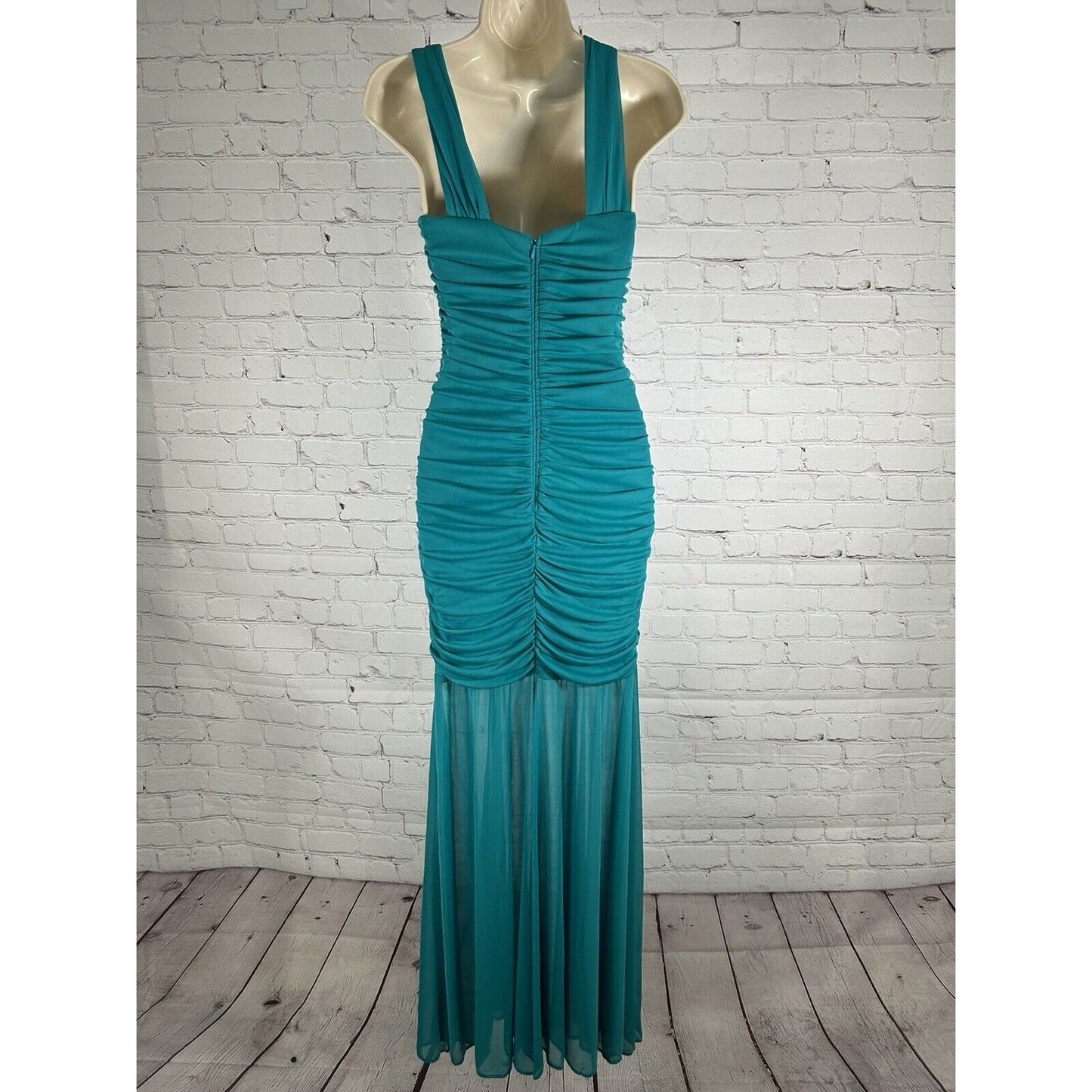 Fiesta Teal Sleeveless Ruched Bodycon Mermaid Dress Ruffles Rhinestone Women’s S