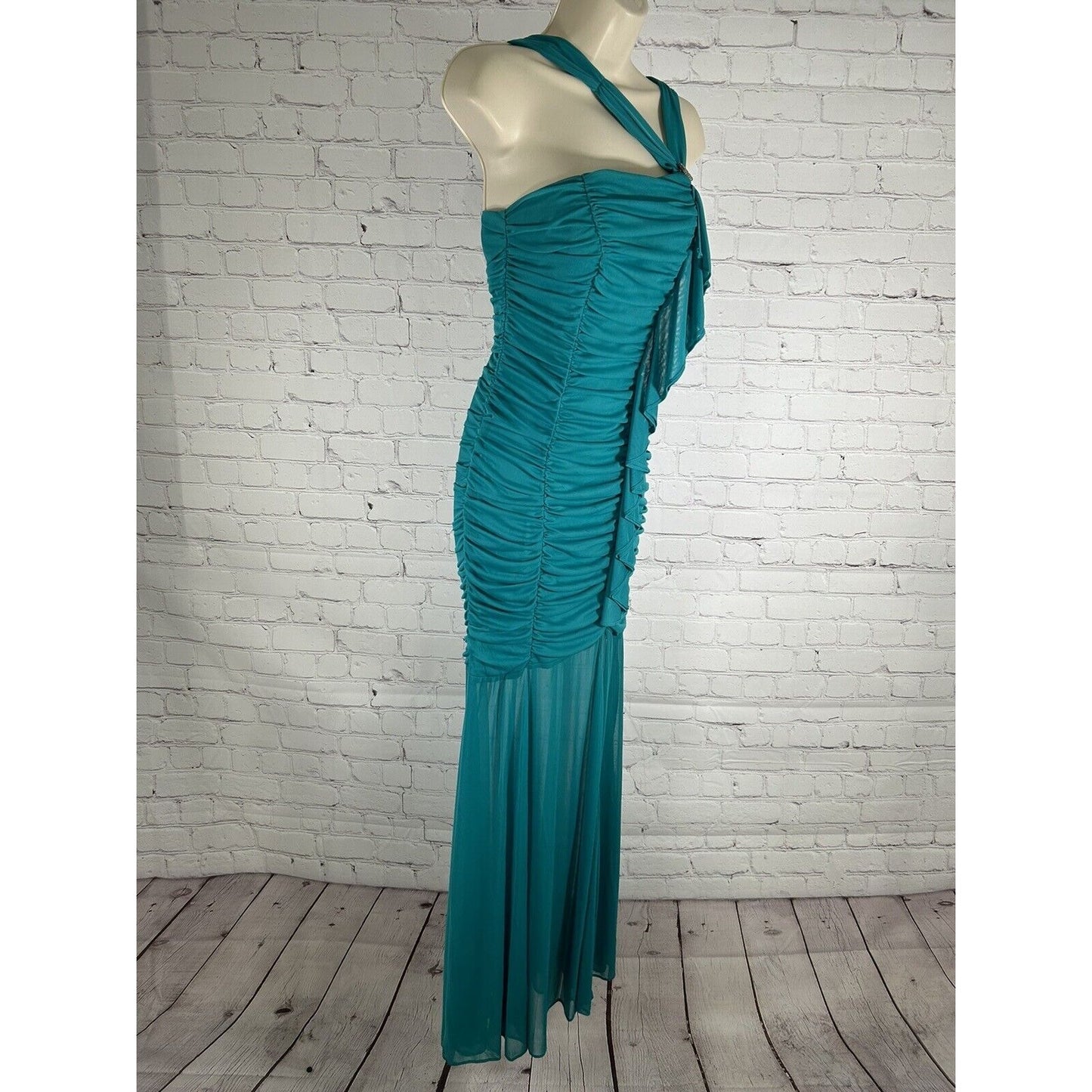 Fiesta Teal Sleeveless Ruched Bodycon Mermaid Dress Ruffles Rhinestone Women’s S