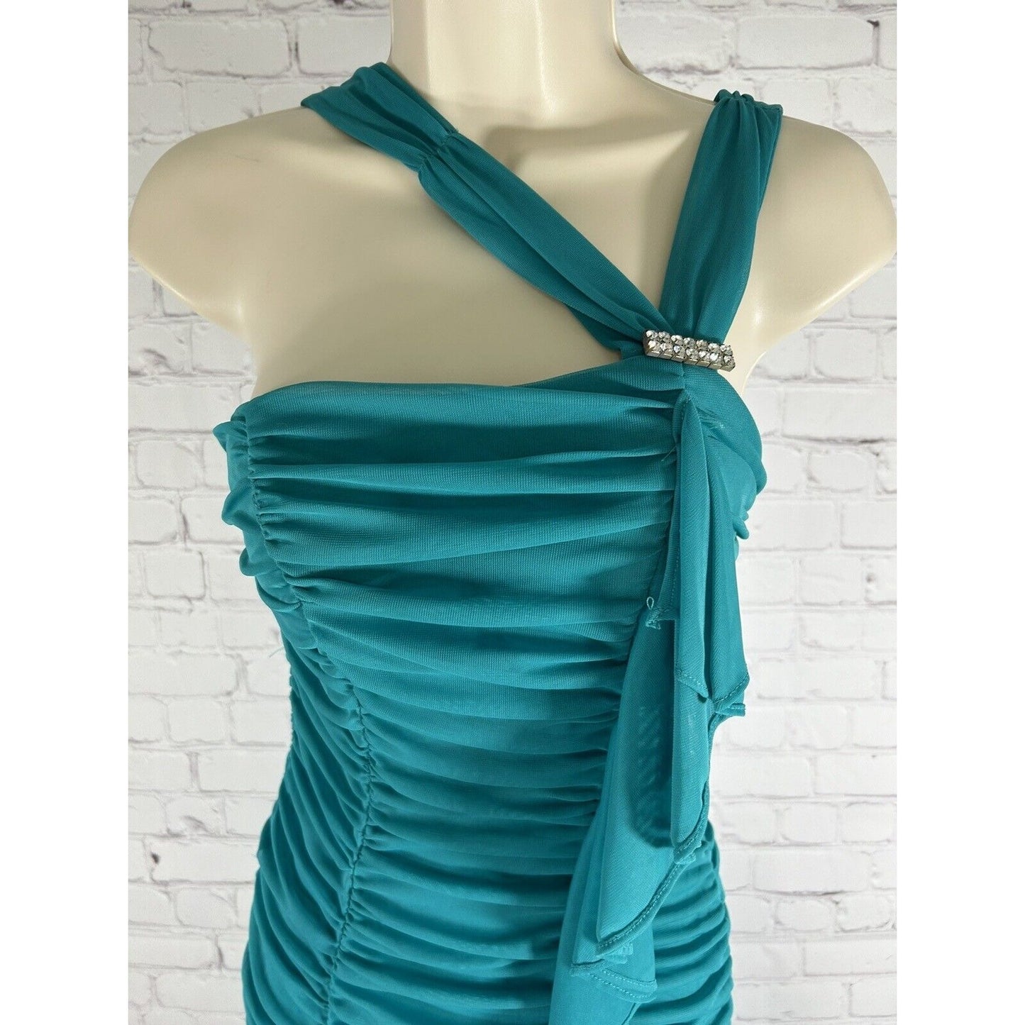 Fiesta Teal Sleeveless Ruched Bodycon Mermaid Dress Ruffles Rhinestone Women’s S