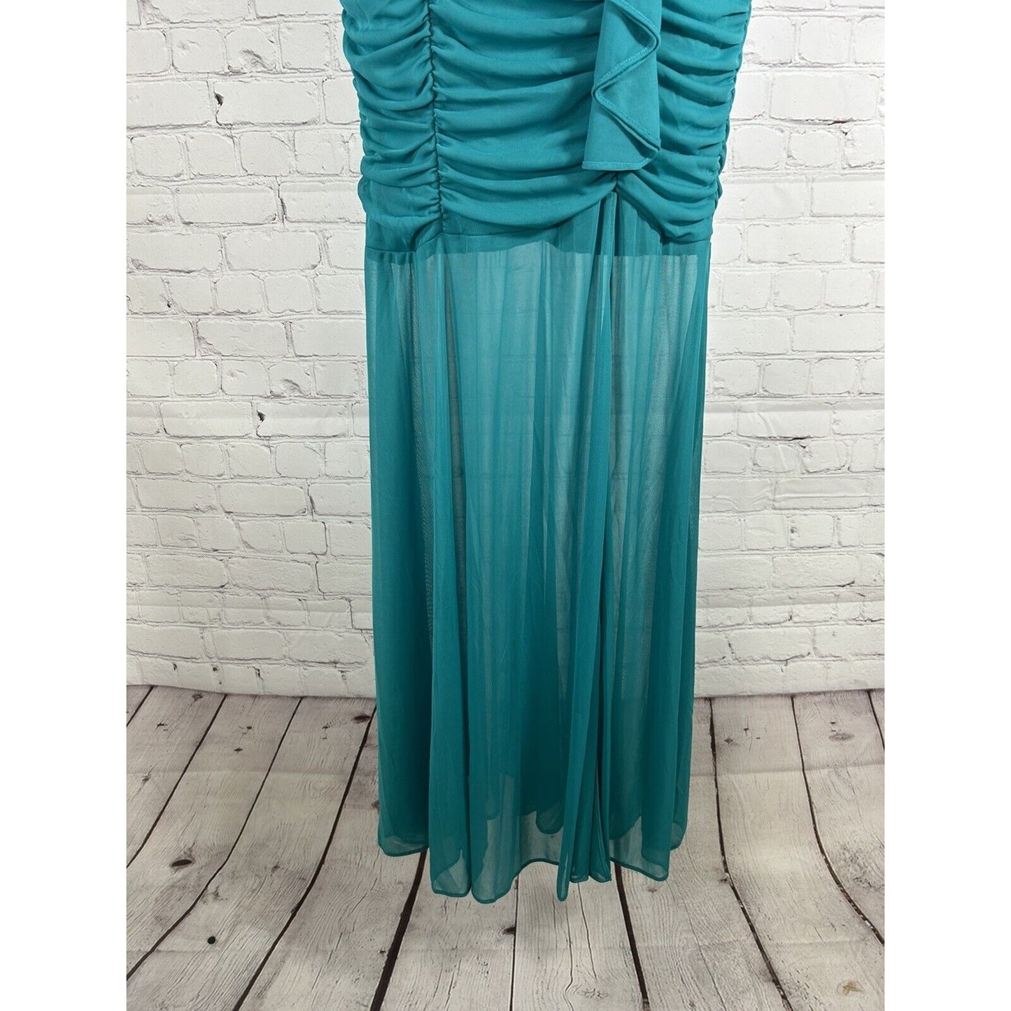 Fiesta Teal Sleeveless Ruched Bodycon Mermaid Dress Ruffles Rhinestone Women’s S