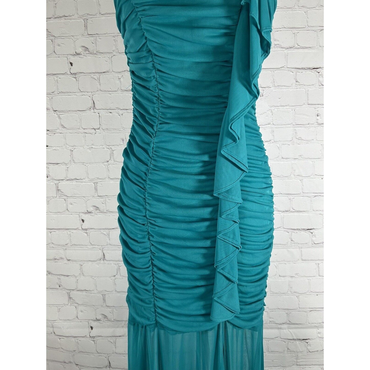 Fiesta Teal Sleeveless Ruched Bodycon Mermaid Dress Ruffles Rhinestone Women’s S