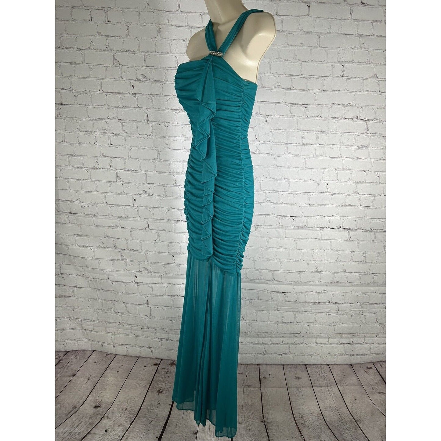 Fiesta Teal Sleeveless Ruched Bodycon Mermaid Dress Ruffles Rhinestone Women’s S