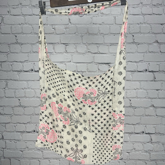 Free People Floral Boho Reusable Shopping Crossbody Tote Bag Muslin Beige Pink S