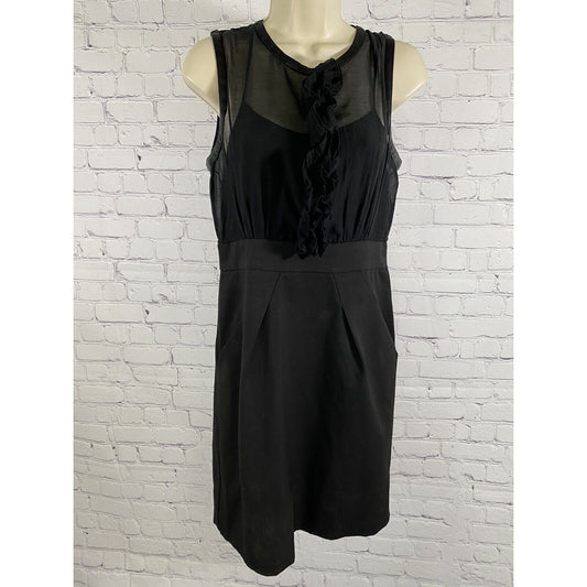 BCBG MAXAZRIA Black Sleeveless Ruffle Front Sheer Top Pockets Dress Size 4