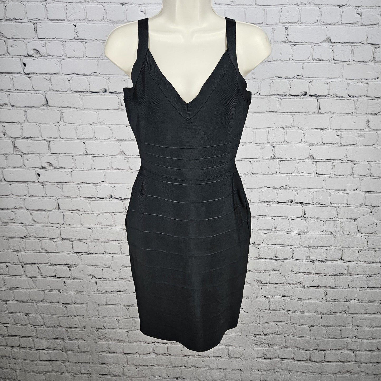 Aqua Black Strappy V Neck Back Zip Stretch Bodycon Short Dress Large L