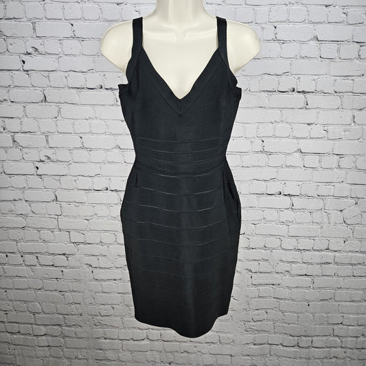 Aqua Black Strappy V Neck Back Zip Stretch Bodycon Short Dress Large L