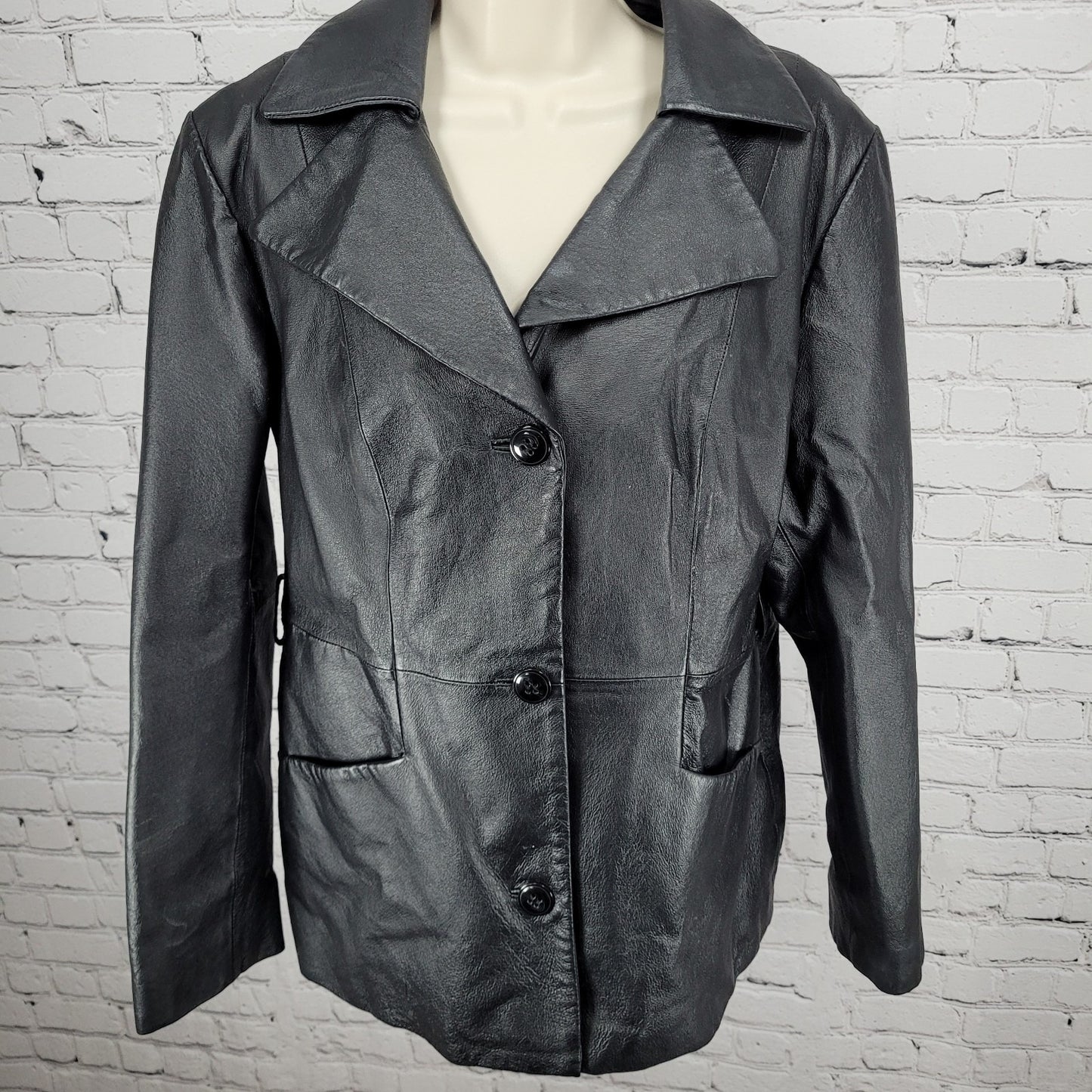 East 5th Black Genuine Leather Buttoned Lined Collared Pockets Jacket Size Large
