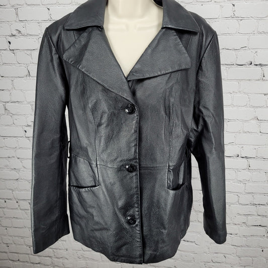 East 5th Black Genuine Leather Buttoned Lined Collared Pockets Jacket Size Large