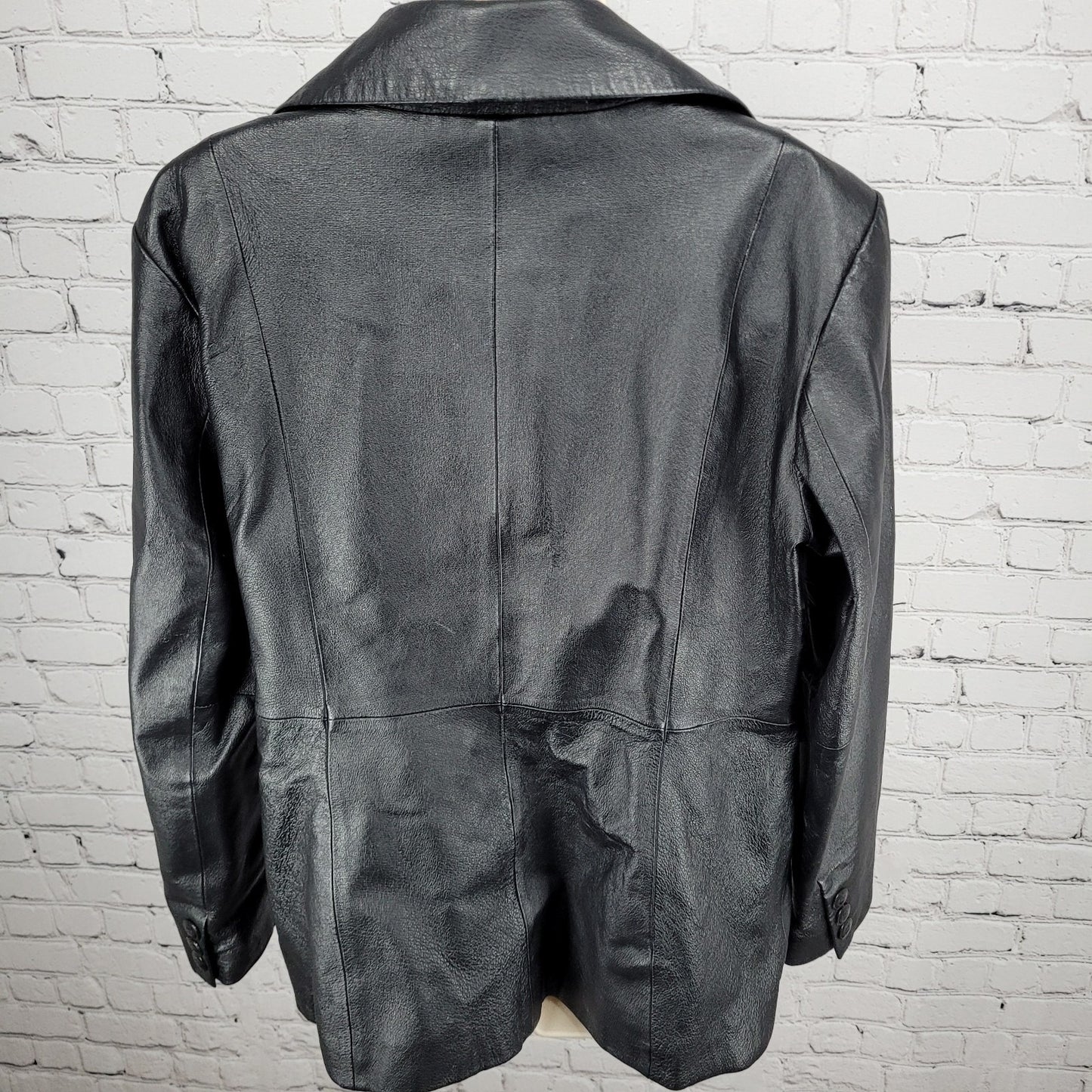 East 5th Black Genuine Leather Buttoned Lined Collared Pockets Jacket Size Large