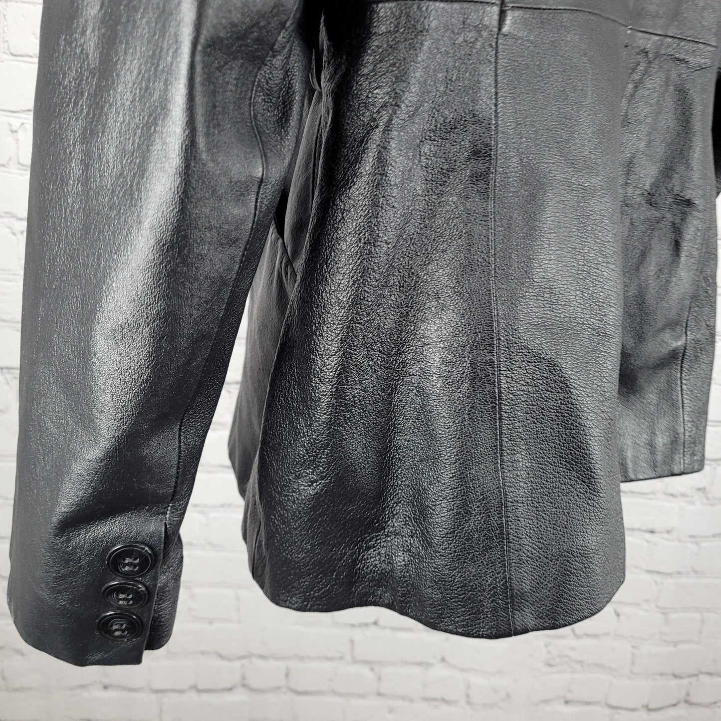 East 5th Black Genuine Leather Buttoned Lined Collared Pockets Jacket Size Large