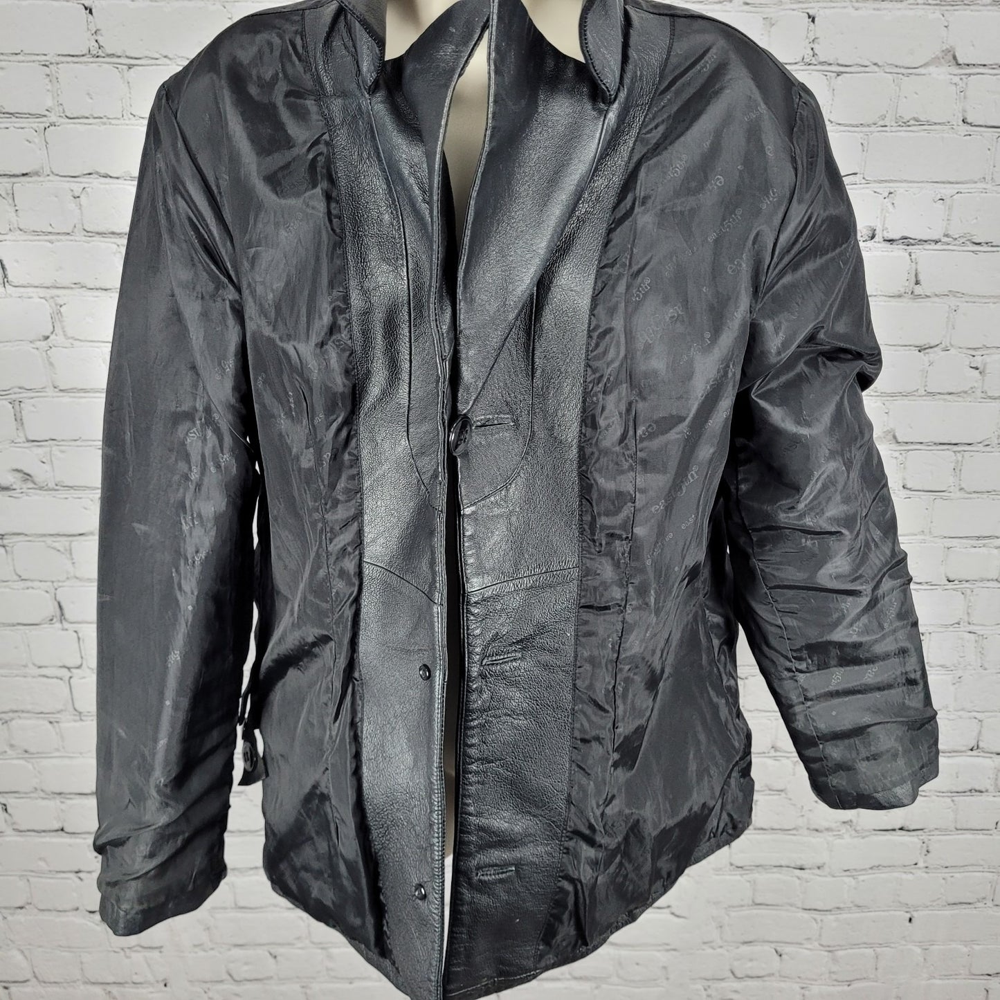 East 5th Black Genuine Leather Buttoned Lined Collared Pockets Jacket Size Large