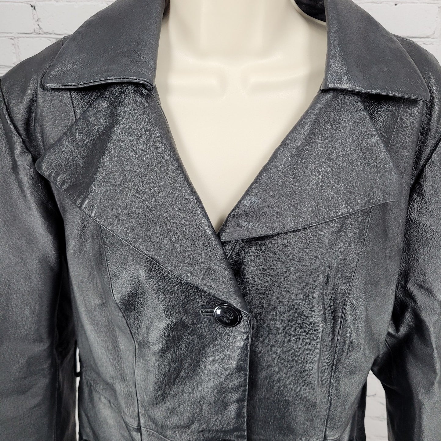 East 5th Black Genuine Leather Buttoned Lined Collared Pockets Jacket Size Large