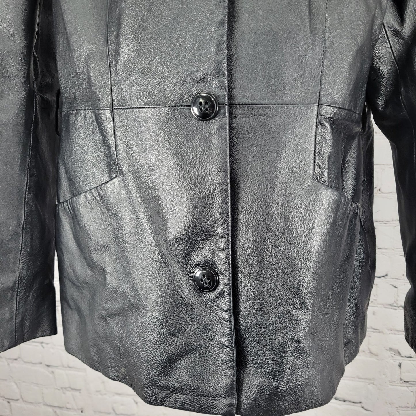 East 5th Black Genuine Leather Buttoned Lined Collared Pockets Jacket Size Large