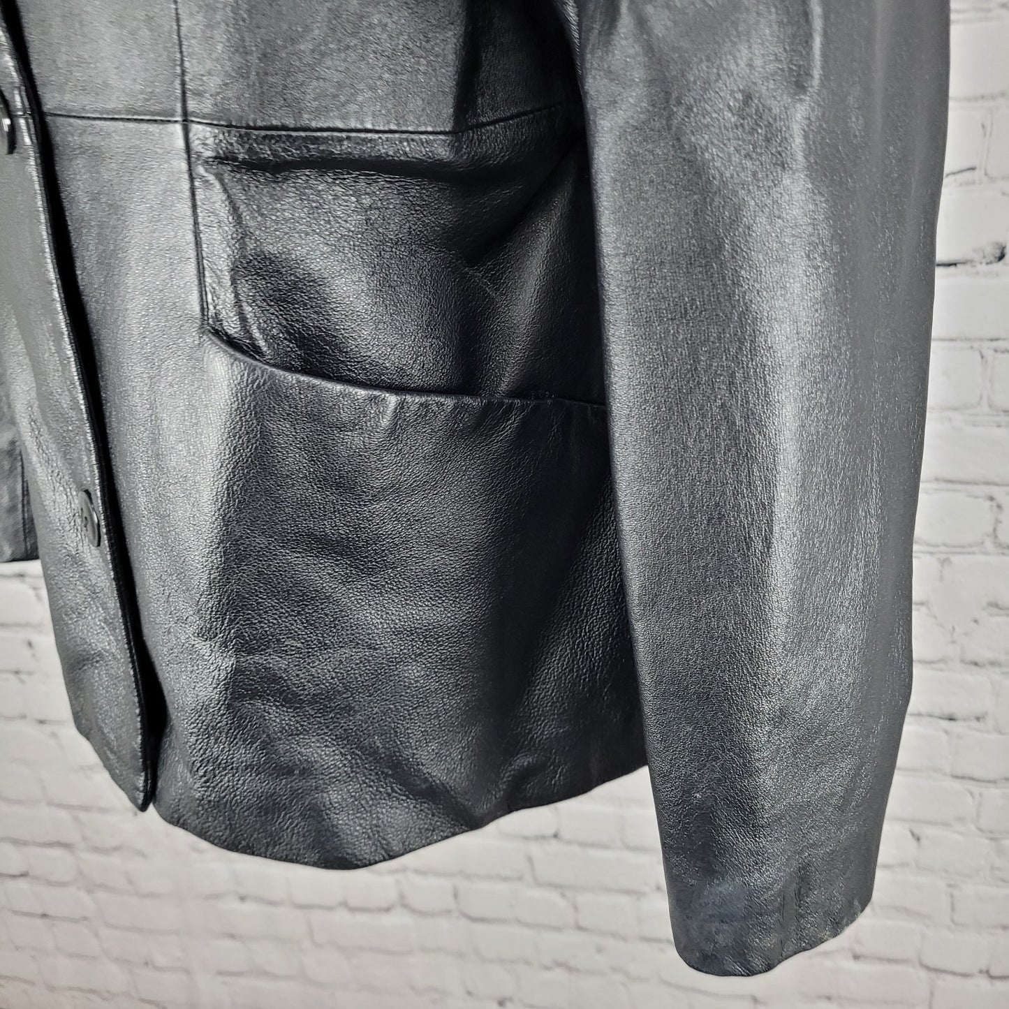 East 5th Black Genuine Leather Buttoned Lined Collared Pockets Jacket Size Large