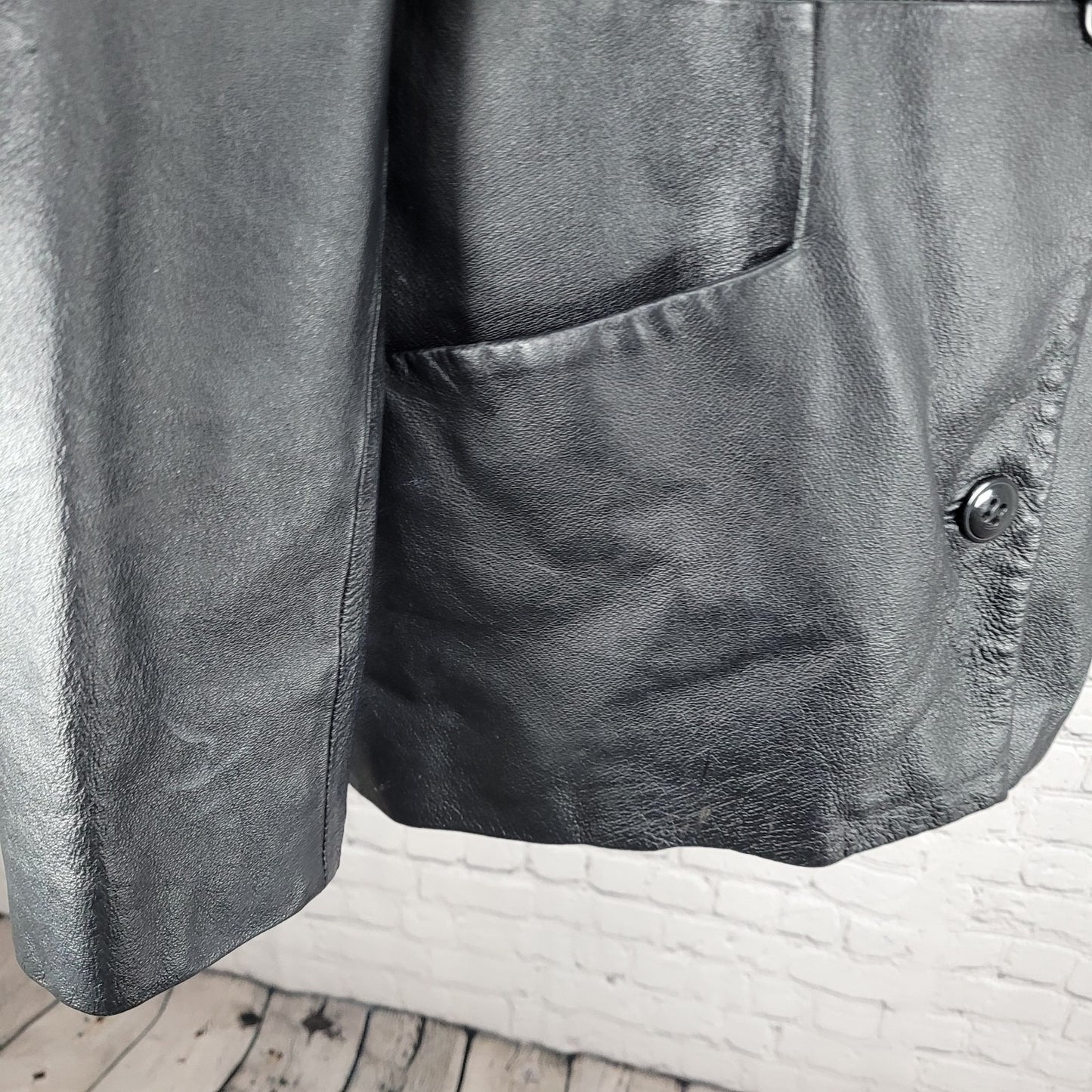 East 5th Black Genuine Leather Buttoned Lined Collared Pockets Jacket Size Large