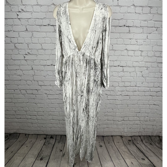 NWD Tina Jo Anthropologie Grey Cold Shoulder Tie Waist Light Maxi Dress USA XS