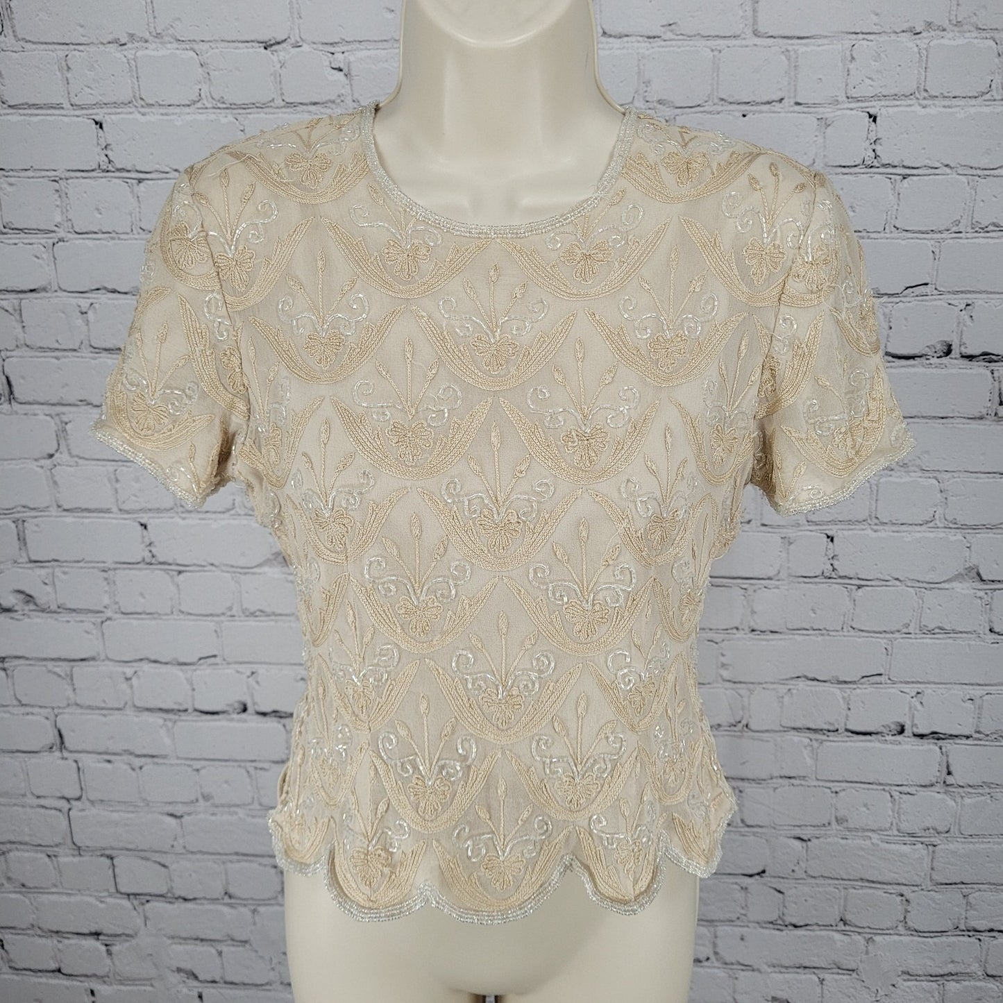 Papell Boutique Evening Beige 100% Silk Beaded Embroidered Top Size P6