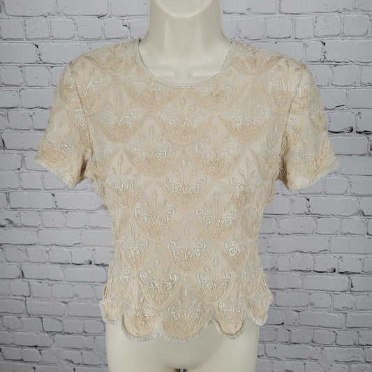 Papell Boutique Evening Beige 100% Silk Beaded Embroidered Top Size P6