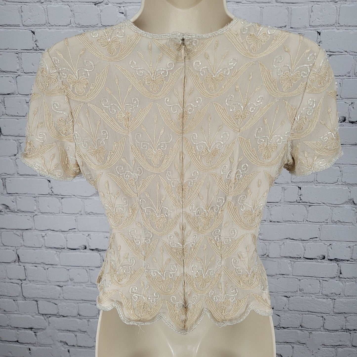 Papell Boutique Evening Beige 100% Silk Beaded Embroidered Top Size P6
