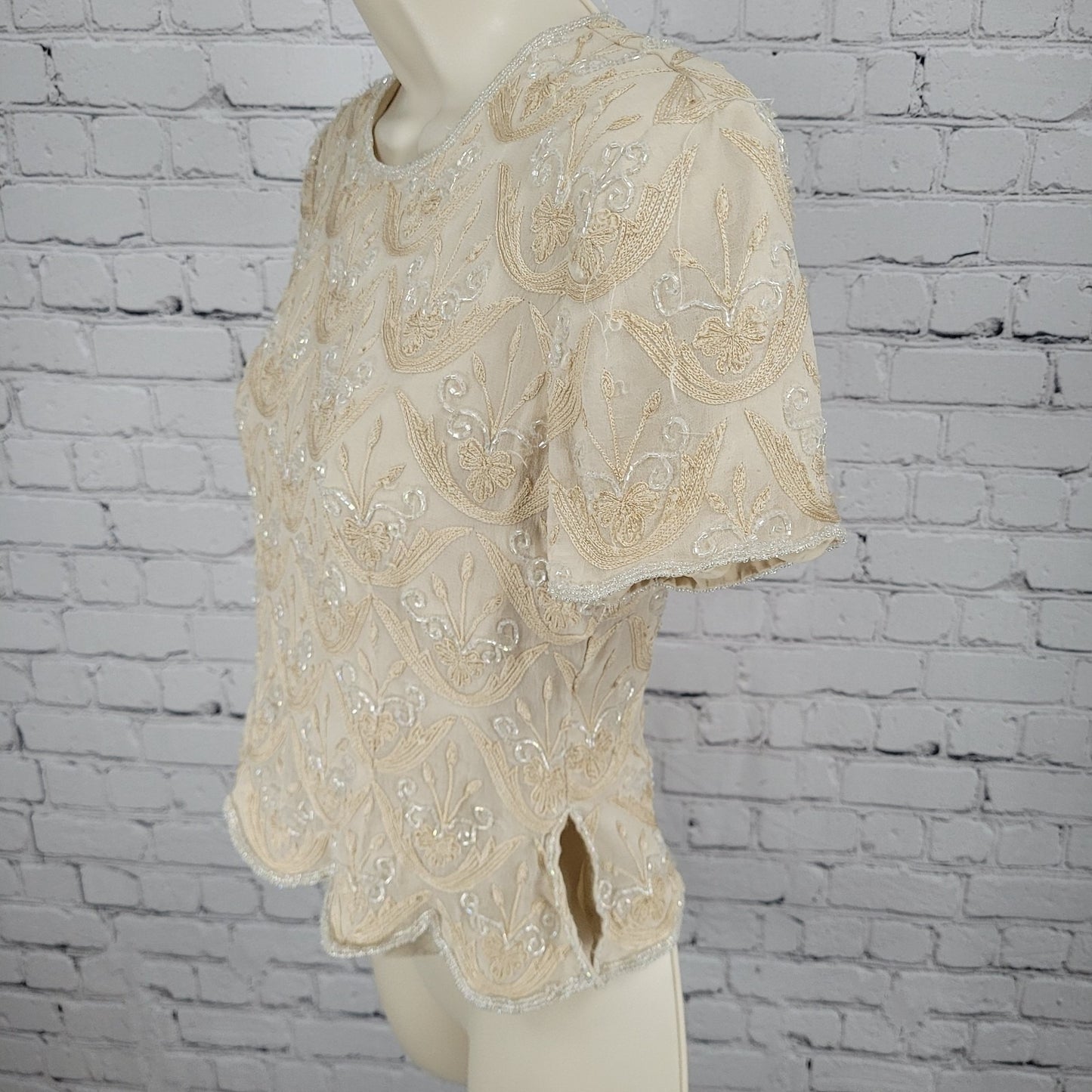 Papell Boutique Evening Beige 100% Silk Beaded Embroidered Top Size P6