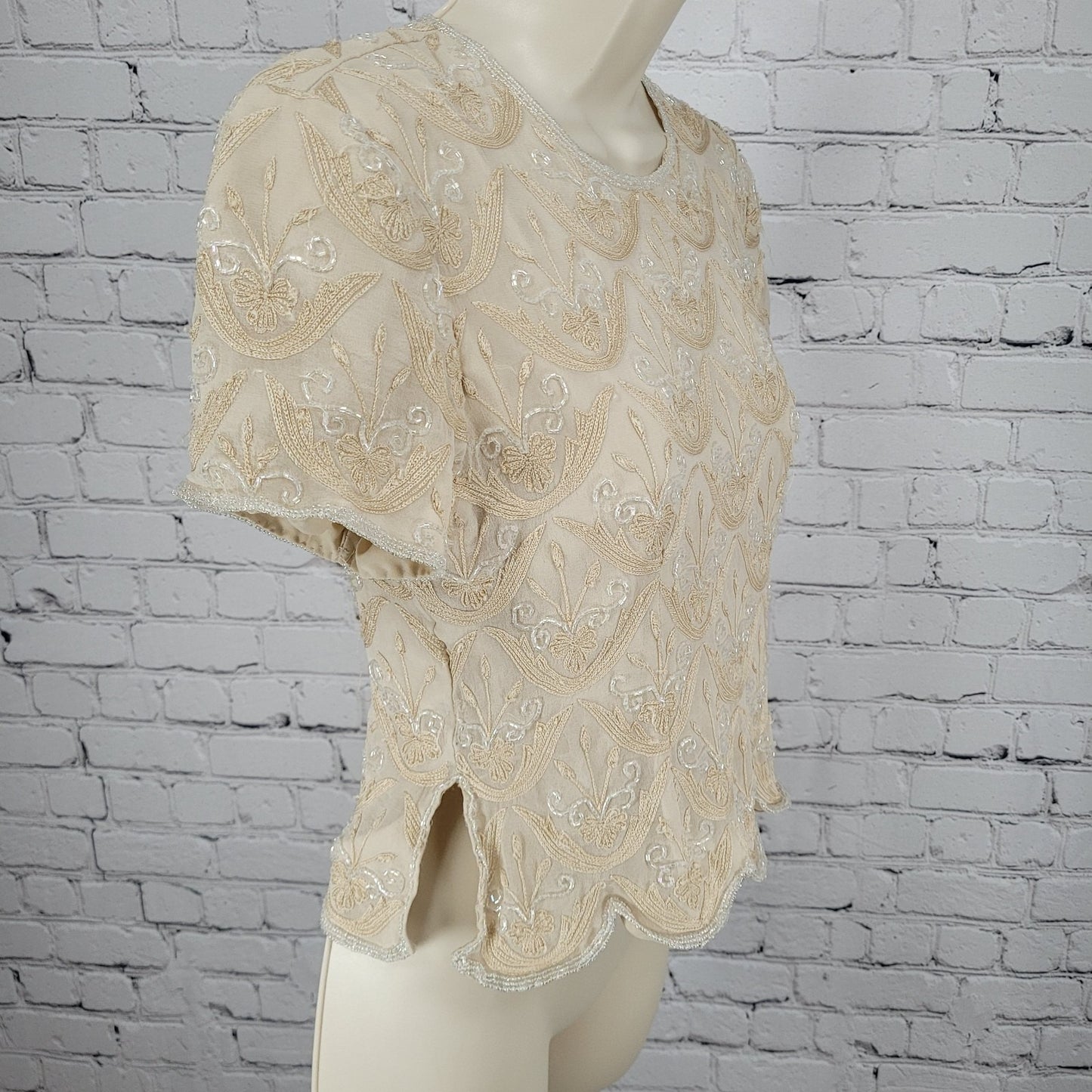 Papell Boutique Evening Beige 100% Silk Beaded Embroidered Top Size P6