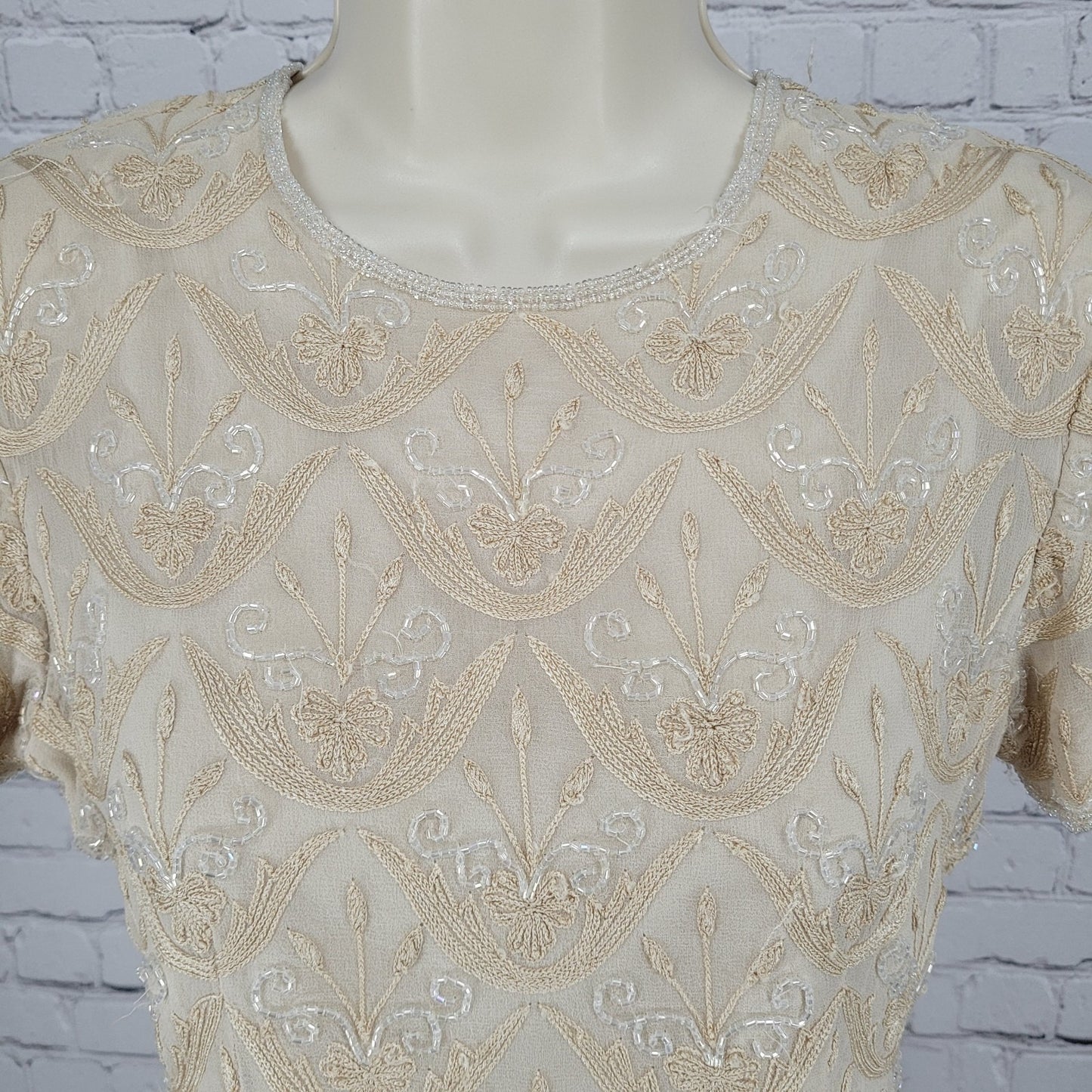 Papell Boutique Evening Beige 100% Silk Beaded Embroidered Top Size P6