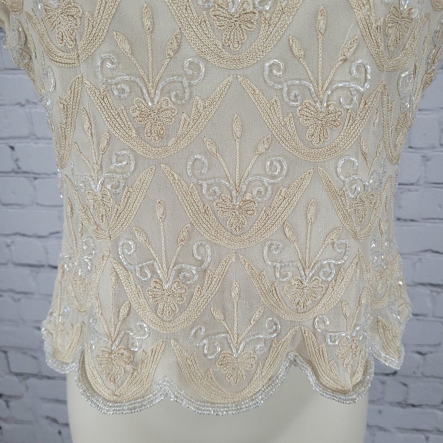 Papell Boutique Evening Beige 100% Silk Beaded Embroidered Top Size P6