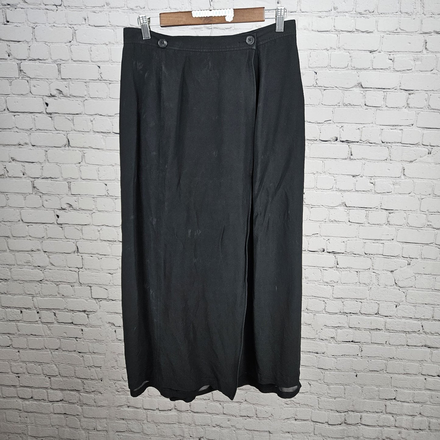 VTG Banana Republic Black 100% Silk Wrap Buttoned Lined Straight Long Skirt 12