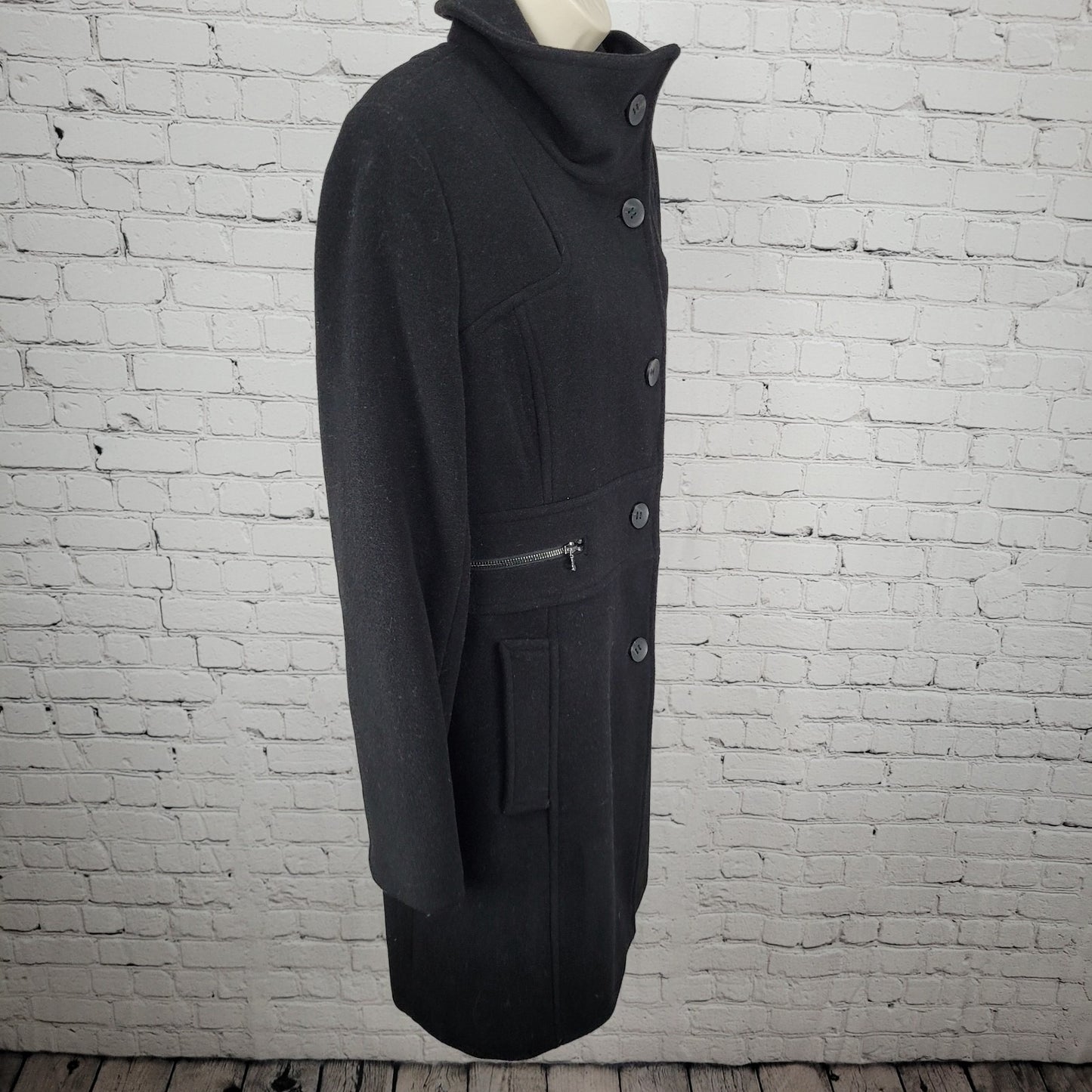 Marc New York Andrew Marc Black Wool Blend Buttoned Pockets Over Coat Size 10
