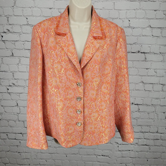ECI New York Orange Floral 100% Silk Lined Rhinestone Snap Notch Jacket Size 14